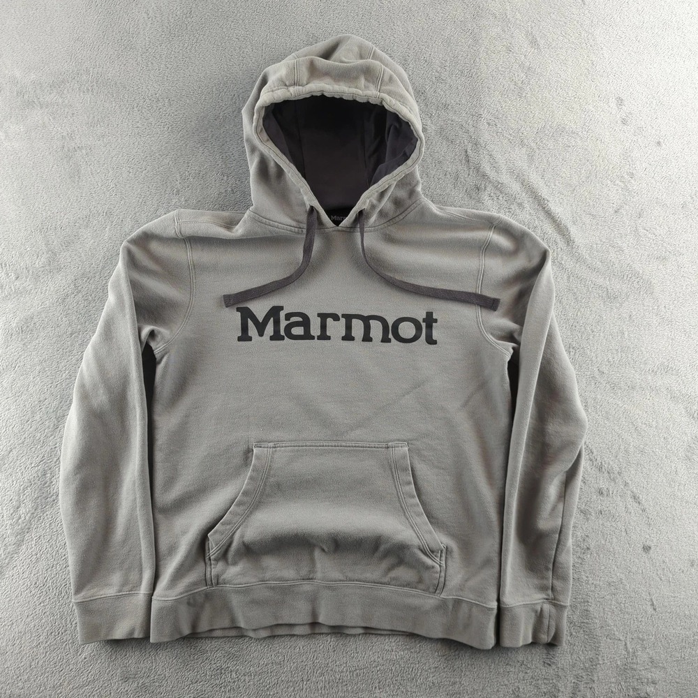 Marmot Hoodie‎ Mens Medium Gray Pullover Sweatshirt Fleece Logo Kangaroo Pocket